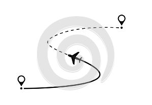 Airplane routes set. Plane paths. Aircraft tracking, planes, travel, map pins, location pins. Vector illustration.