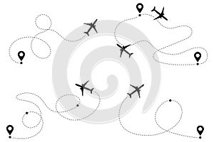 Airplane routes way path tracks vector set.