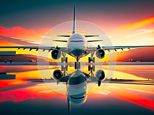 Airplane on the runway in the airport at sunset.