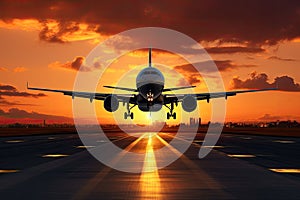 Airplane on the runway in the airport at sunset. 3d render, A large jetliner taking landing an airport runway at sunset or dawn
