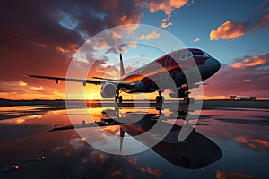 An airplane on a runway, mirrored in a puddle, against the backdrop of a breathtaking sunset
