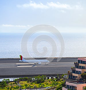 Airplane runway ocean Funchal Madeira