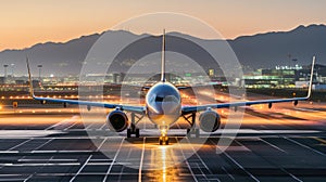 Airplane on the runway are taking off from the Itami International Airport in Osaka, Japan in the night