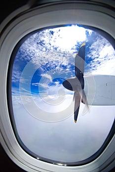 Airplane`s air propeller view from window