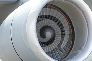 Airplane`s jet engine closeup