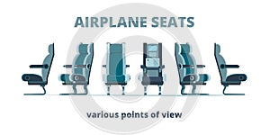 Airplane seat. Aircraft interior armchairs in different side view vector flat pictures photo