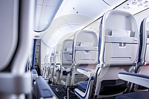 Airplane seats in cabin. Commercial aircraft cabin with rows of seats down the aisle. Economy class. photo