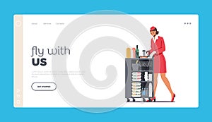 Airplane Service, Air Hostess Landing Page Template. Stewardess Push Trolley with Drinks or Food. Flight Attendant Staff