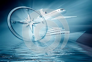 Airplane ship compass on blue background