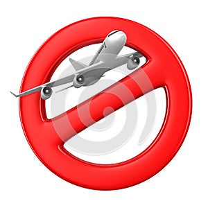 Airplane and sign forbidden on white background. Isolated 3D illustration