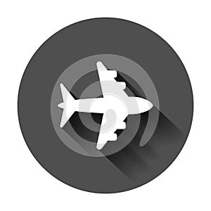 Airplane sign vector icon. Airport plane illustration. Business concept simple flat pictogram on black round background with long