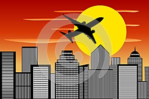 Airplane Silhouette Climbing Sunset Cityscape