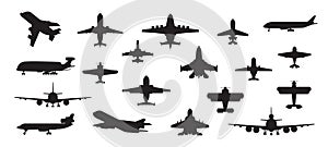 Airplane silhouette. Military jet plane and civil aviation passenger and cargo aircraft isolated on white. Vector air