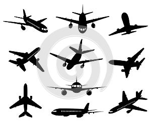 Airplane silhouette. Passenger plane landing, back front and bottom views, aircraft jet silhouettes isolated vector