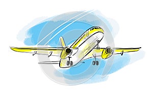 Airplane sketch in blue sky. Aircraft in minimalistic style with colored accents on sky and sunlight on plane. Hand draw