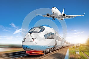 Airplane in the sky and high-speed train, the concept of passenger transport.