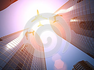 Airplane and skyscraper