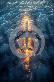 Airplane soaring above clouds with dramatic sunlight