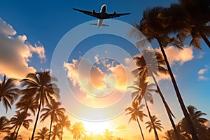 Airplane Soaring Above Palm Trees Against a Clear Sunset Sky, Generative Ai