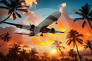 Airplane Soaring Above Palm Trees Against a Clear Sunset Sky, Generative Ai