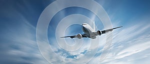 The airplane soaring through a blue sky filled with dynamic clouds. AI generated image