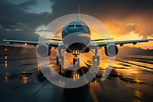 An airplane stationed on a runway, with the sunset adding a touch of drama to the scene