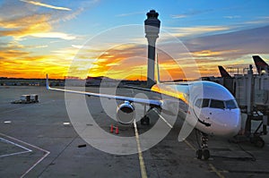 Airplane at sunrise