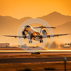 airplane at sunset a private jet gracefully touching down on the landing strip, Generative AI