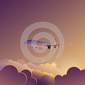 Airplane in sunset sunrise sky vector illustration poster banner.