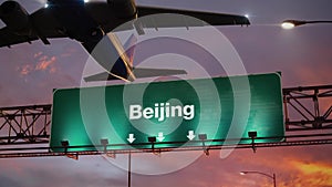 Airplane Take off Beijing during a wonderful sunrise