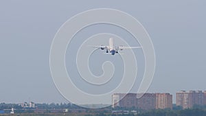 Airplane take off, city background