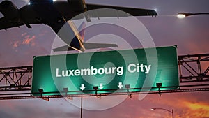 Airplane Take off Luxembourg City during a wonderful sunrise