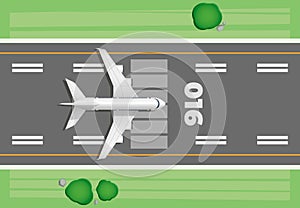 Airplane take off top view. Cartoon air transport horizontal banner, travel and vacation concept, aircraft flight and