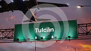 Airplane Take off Tulcan during a wonderful sunrise.spanish