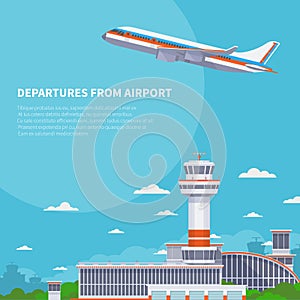 Airplane takeoff on runway in international airport. Tourism and air travel vector concept