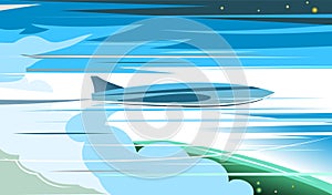 Airplane takes off above the clouds. Vector illustration background. The plane rises into the stratosphere. Space is visible. The