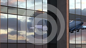 Airplane Takes Off in Reflections of Airport Windows, Beautiful 3d Animation 4k, Ultra HD 3840x2160