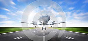 Airplane taking landing and Airport runway at beautiful blue sky, Commercial plane and Travel concept, Aircraft motion