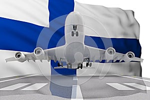 Airplane taking off against the background of the flag Finland