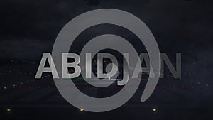 Airplane taking off from the airport with ABIDJAN city name, 3d animation