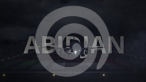 Airplane taking off from the airport with ABIDJAN city name, 3d rendering