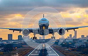 Airplane is taking off from the airport in the evening sunset light. Passenger airplane is flying over the cityscape.