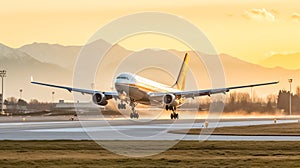 Airplane taking off from the airport. Passenger jet plane flying over airport runway against background the mountains.