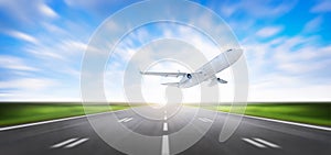 Airplane taking off from Airport runway at beautiful blue sky, Commercial plane and Travel concept, Aircraft with motion blurred