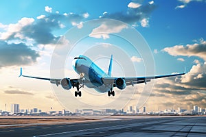 Airplane taking off from the airport runway in the beautiful sky