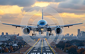 Airplane is taking off from the airport runway in beautiful sunset light.