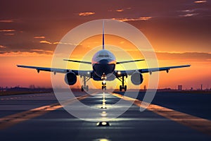 Airplane taking off from the airport runway at sunset. 3d rendering, A large jetliner landing on an airport runway at sunset or