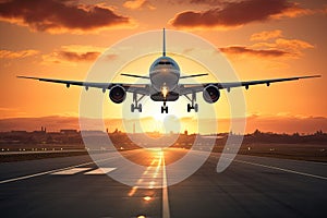 Airplane taking off at the airport at sunset. 3d rendering, A large jetliner taking landing an airport runway at sunset or dawn