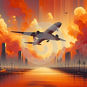An airplane taking off in floating acrylic art prints, city view, skycrapers, range sky, clouds, digital painting