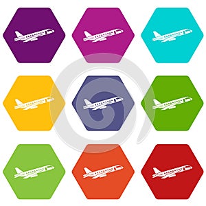Airplane taking off icon set color hexahedron